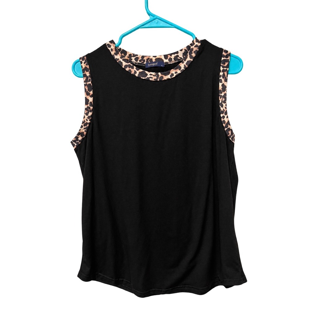Sampeel Tank Top Women Large Black Pre-owned Leopard Trim Sleeveless Crew Neck